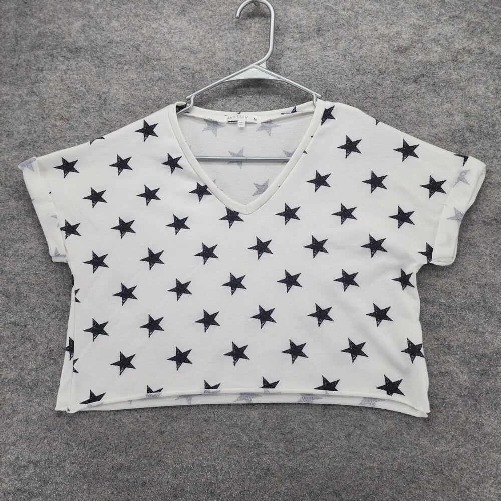 Antistar Shirt Womens Medium Short Sleeve Cropped V Neck White Black Stars